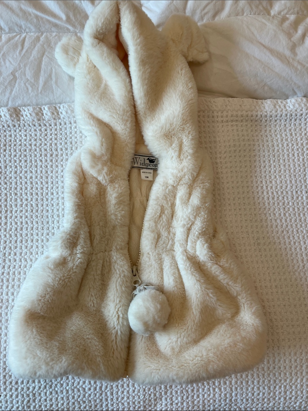Cozy Cream Faux-Fur Hooded Vest with Pom-Pom Zip Pull
